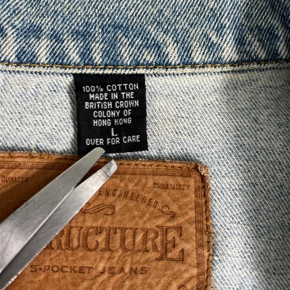 Vintage‎ Structure Distressed Jean Jacket Mens L Blue Denim Trucker Western 90s - Picture 5 of 14